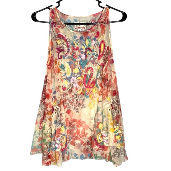 Johnny Was Mazzy Flared Floral Embroidered Sheer Mesh Tank Top XS No Slip - Picture 5 of 15